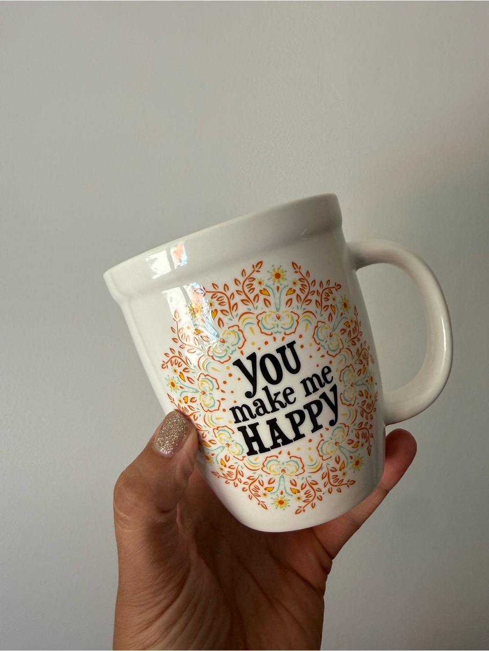 You Make Me Happy White Ceramic Mug with Floral Accent Natural Life brand